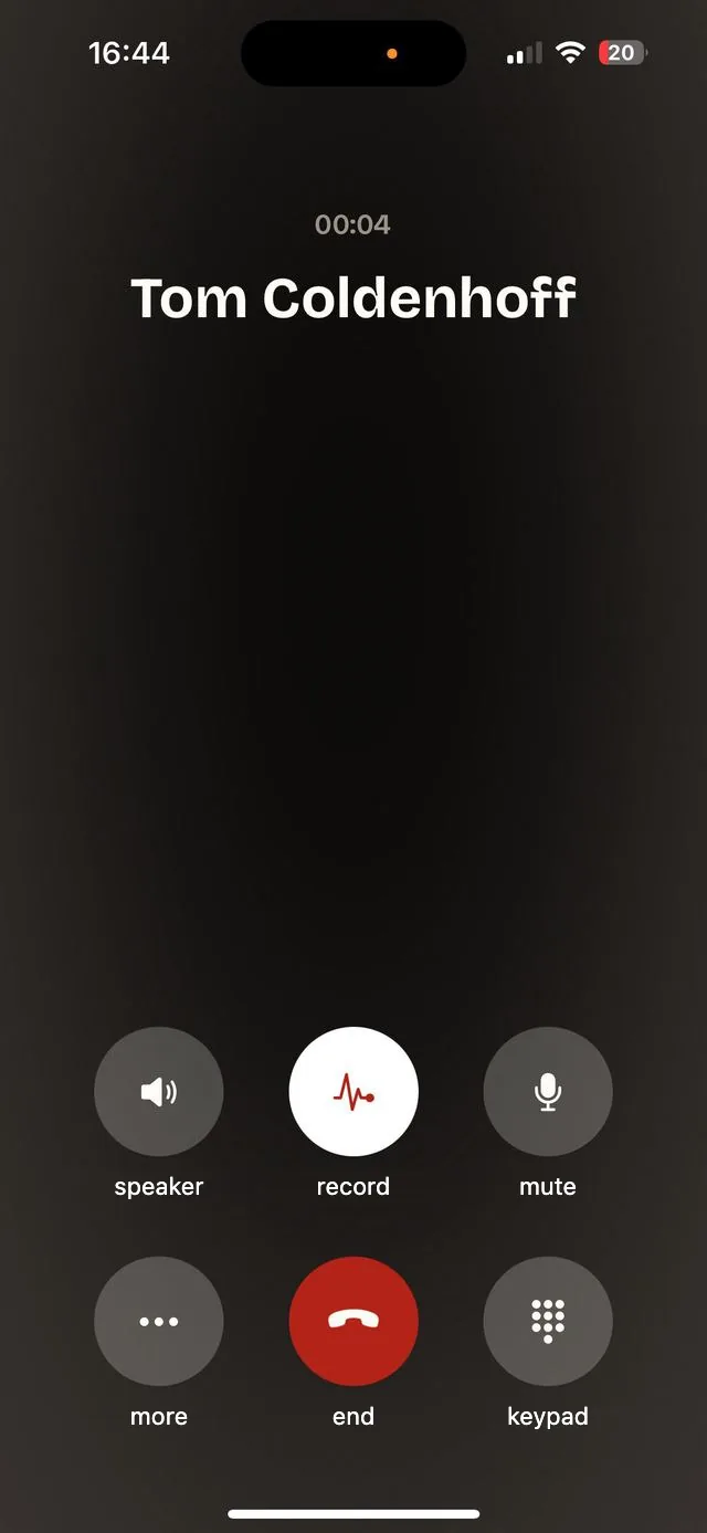 A call in progress in the Ajora app, with recording active