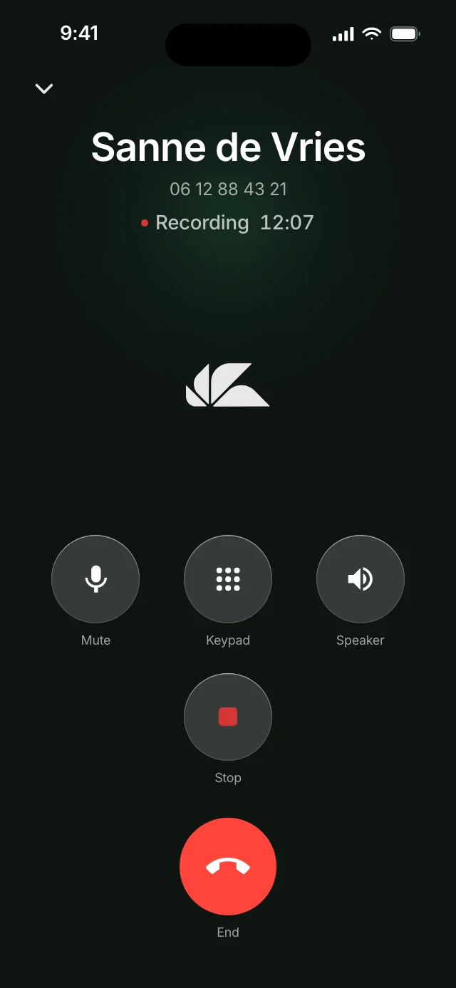 A call in progress in the Ajora app, with recording active