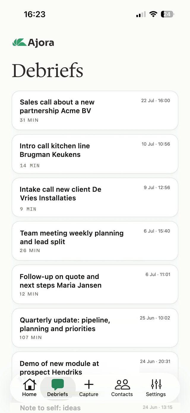 The list of debriefs in the Ajora app