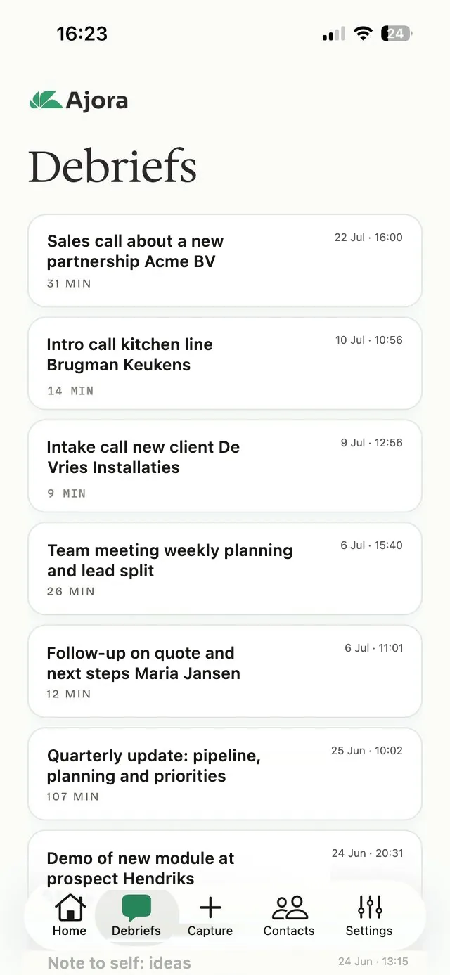 The list of debriefs in the Ajora app