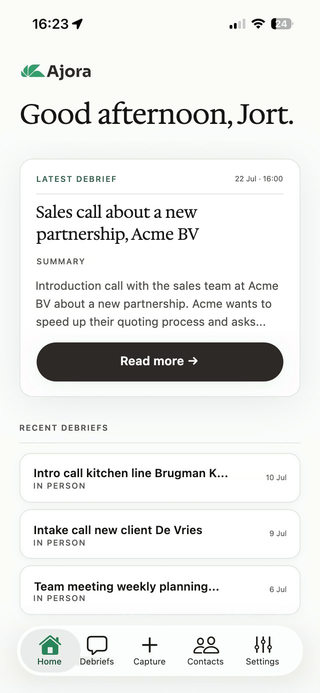 The home screen of the Ajora app with the latest debrief