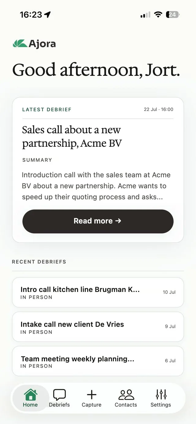 The home screen of the Ajora app with the latest debrief