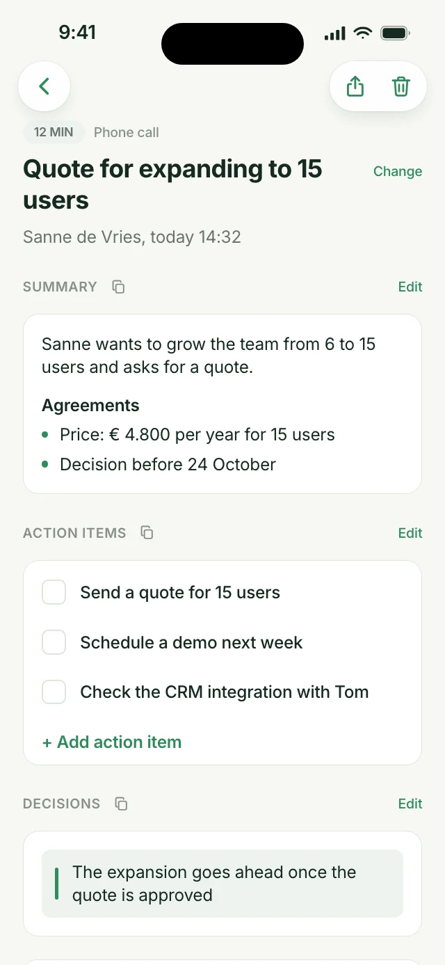 A debrief in the Ajora app with summary, action items and decisions