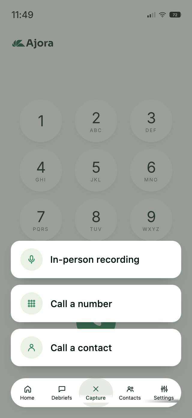 The Capture menu with the in-person recording option