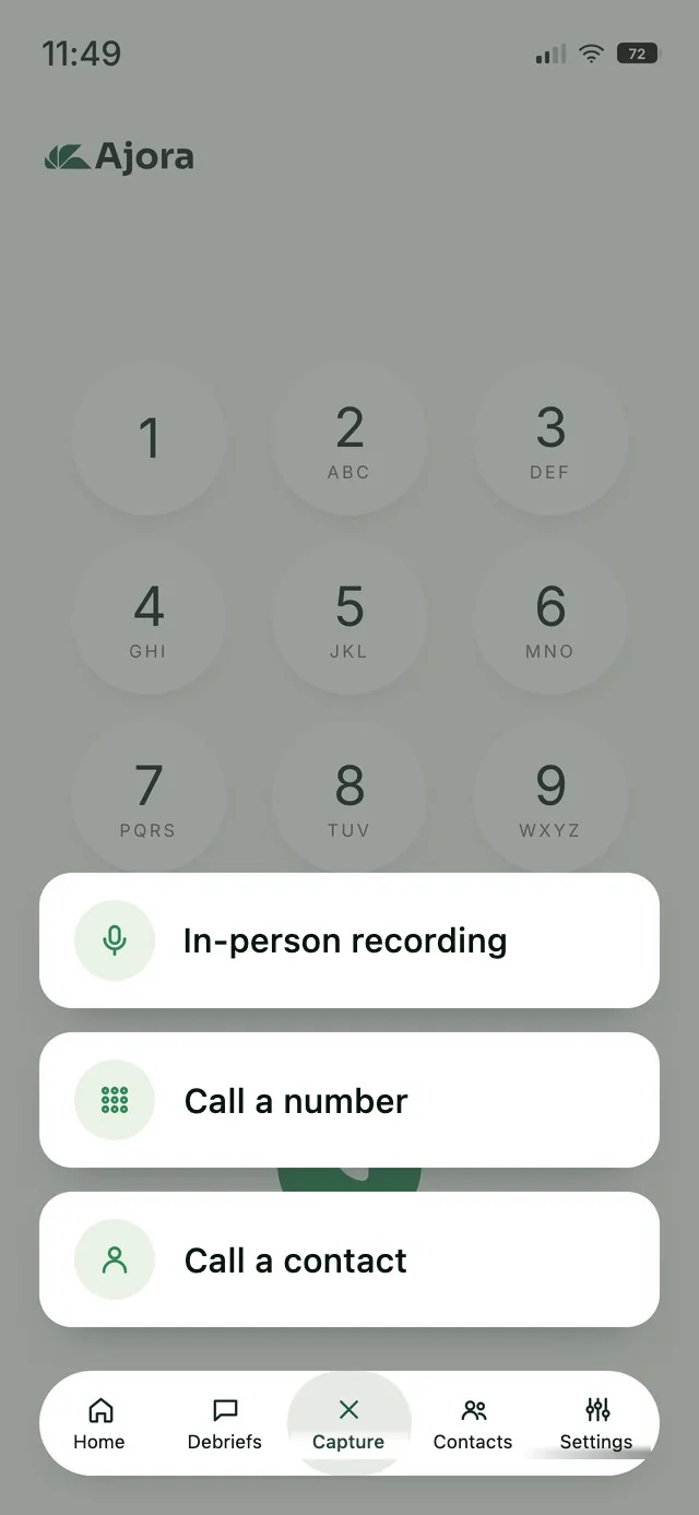 The Capture menu in the Ajora app, with the option for a physical recording