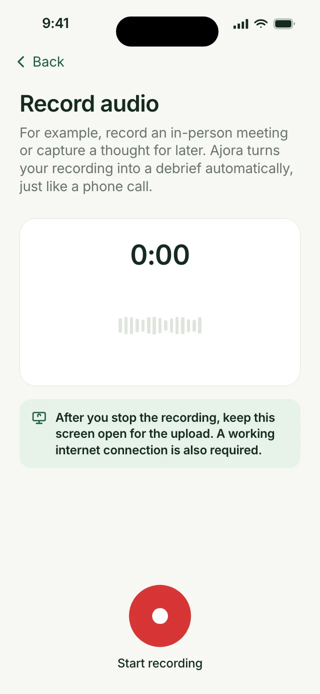 The Record audio screen in the Ajora app, ready to start