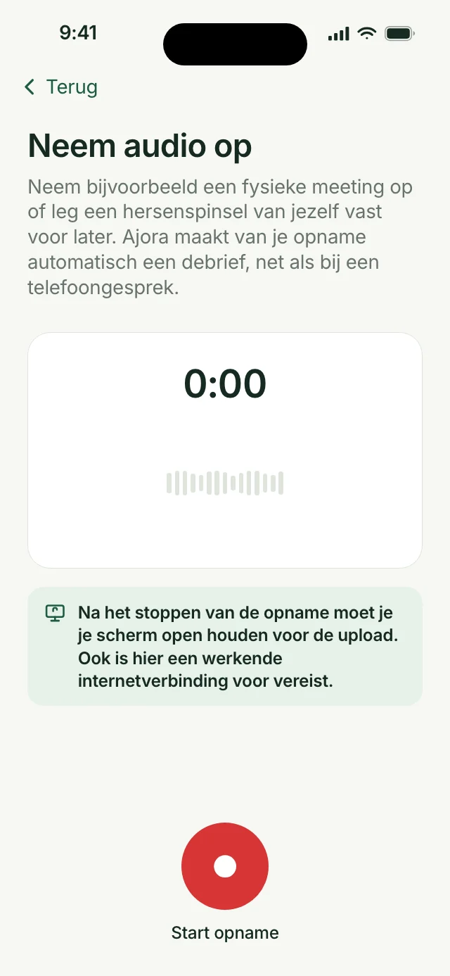 Het scherm Neem audio op in de Ajora-app, klaar om te starten