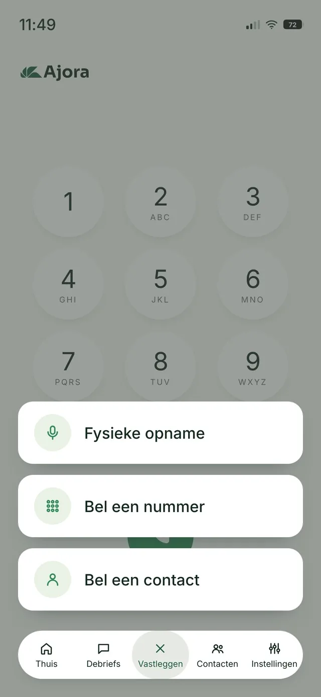 Het menu Vastleggen in de Ajora-app, met de keuze voor een fysieke opname