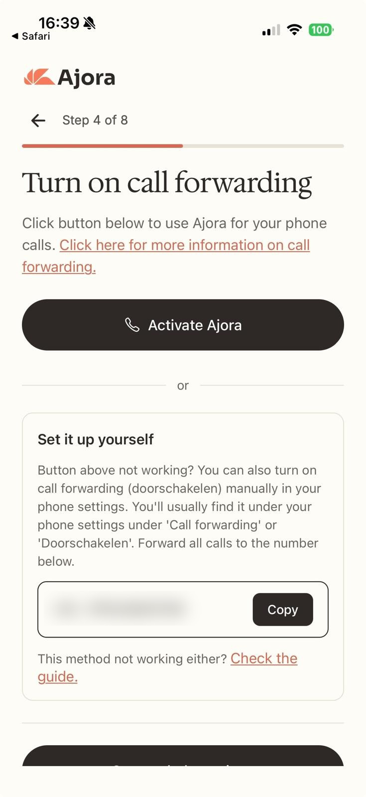 The setup screen in the app with the Activate Ajora button