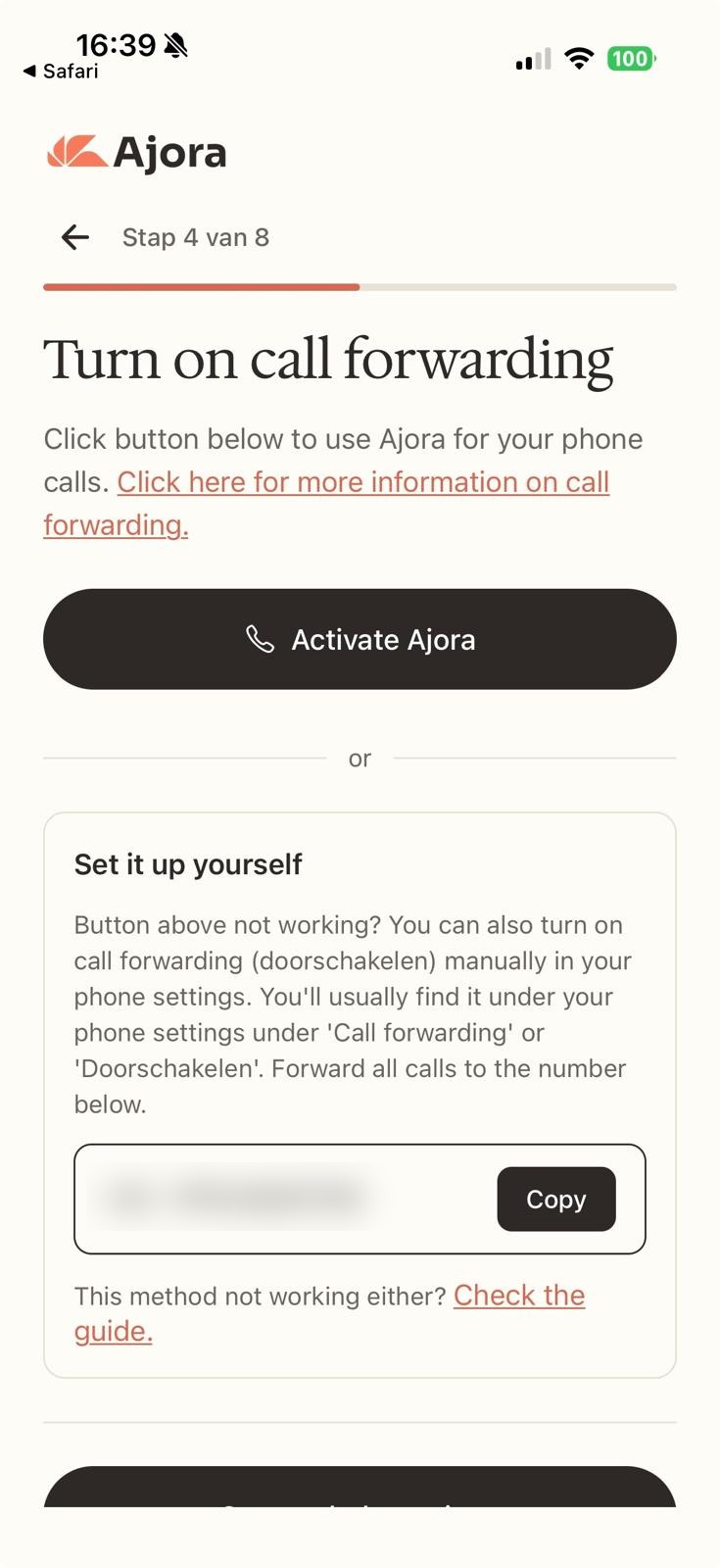 Het instelscherm in de app met de knop Activate Ajora