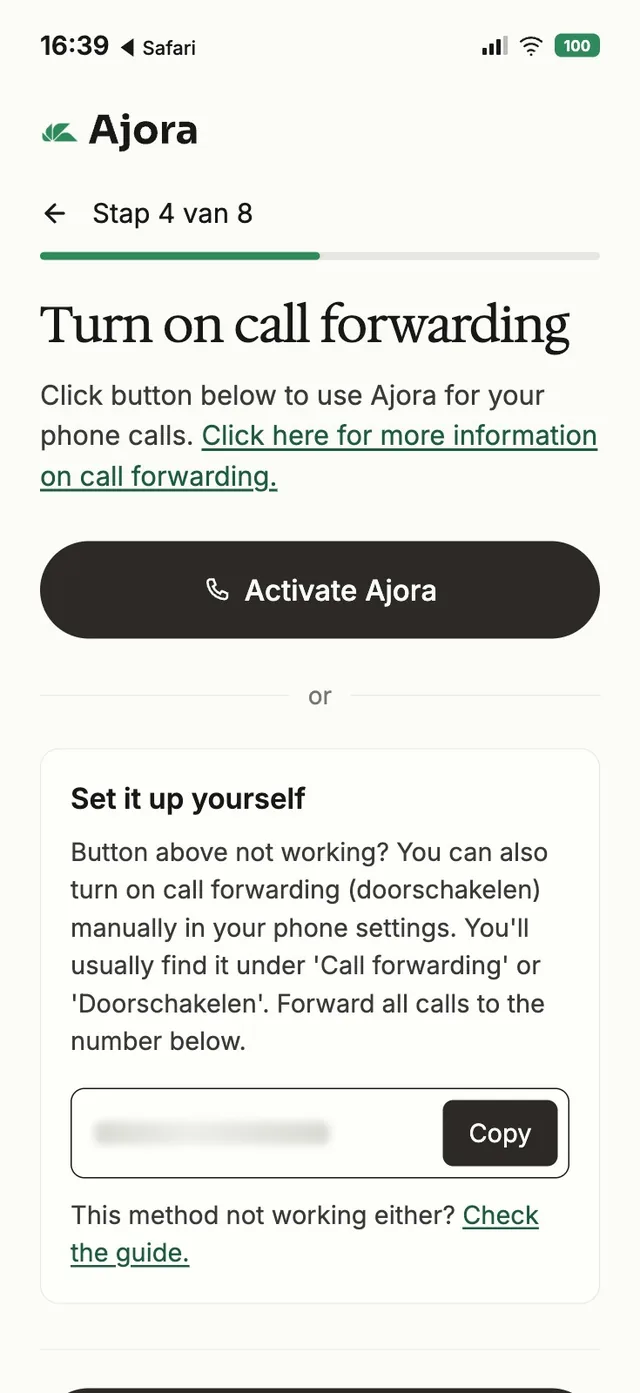 Het instelscherm in de app met de knop Activate Ajora