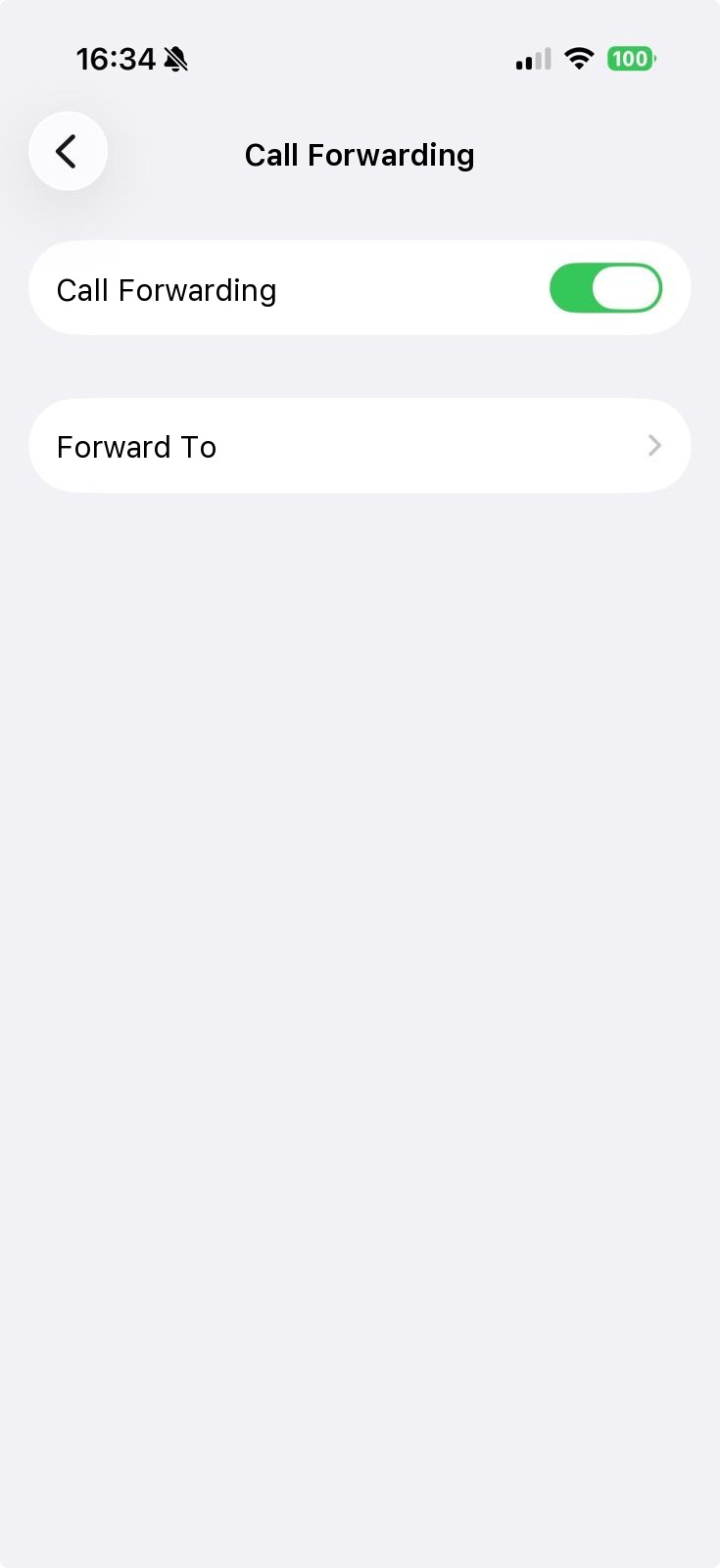 iPhone settings with the call forwarding toggle