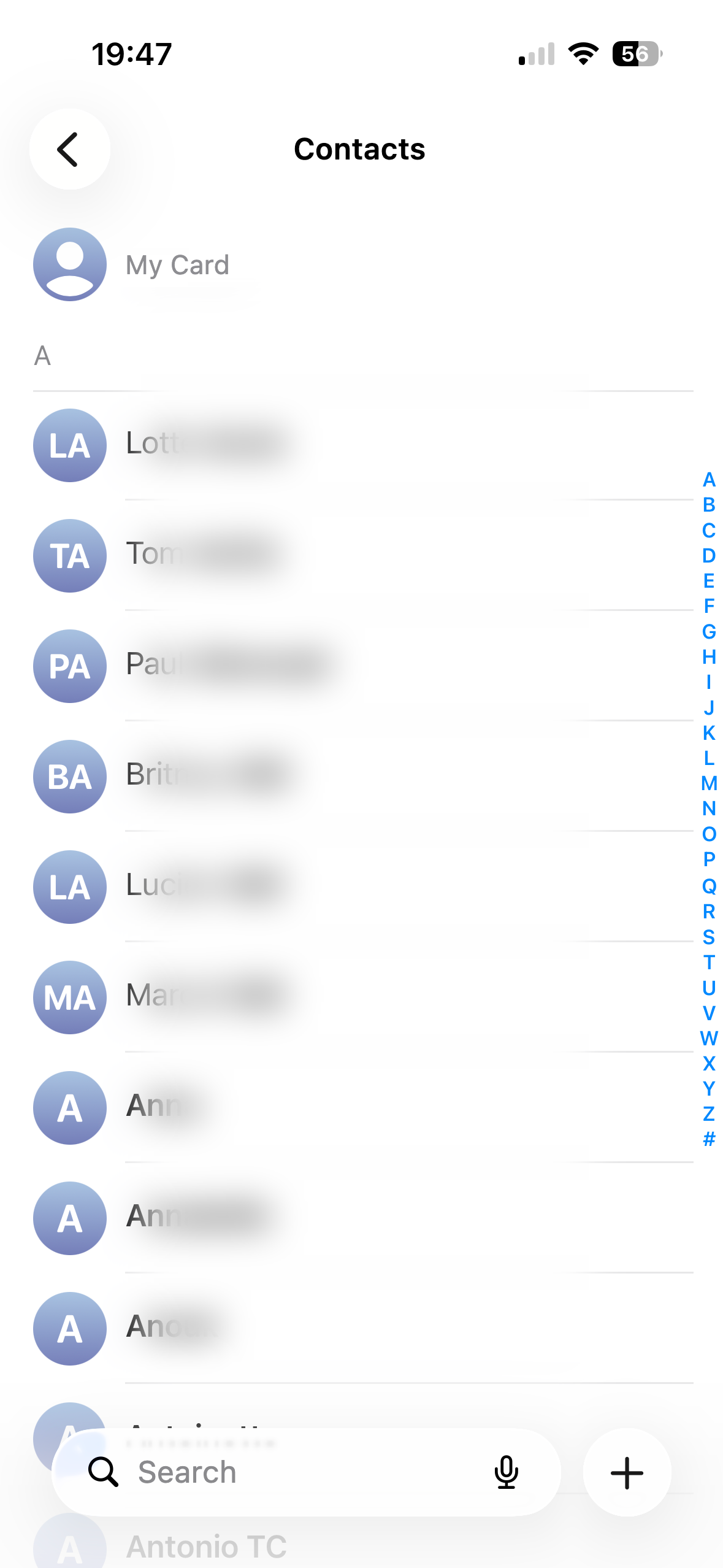 Contact list with the plus icon to add a new contact