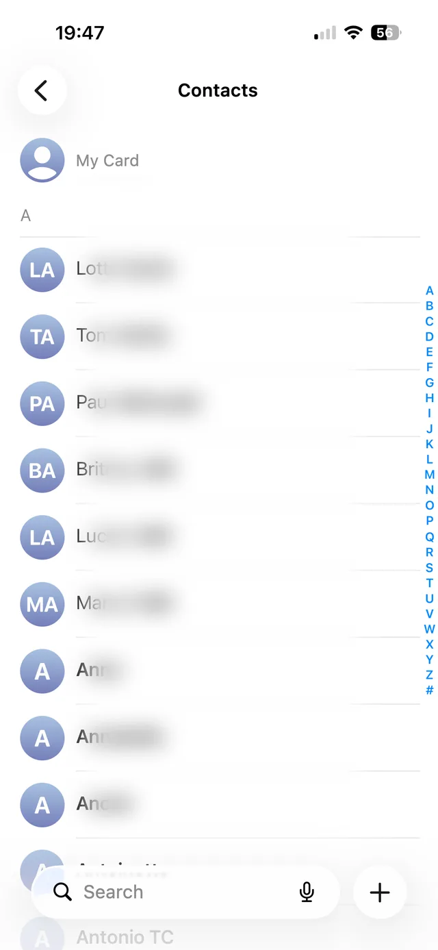 Contact list with the plus icon to add a new contact