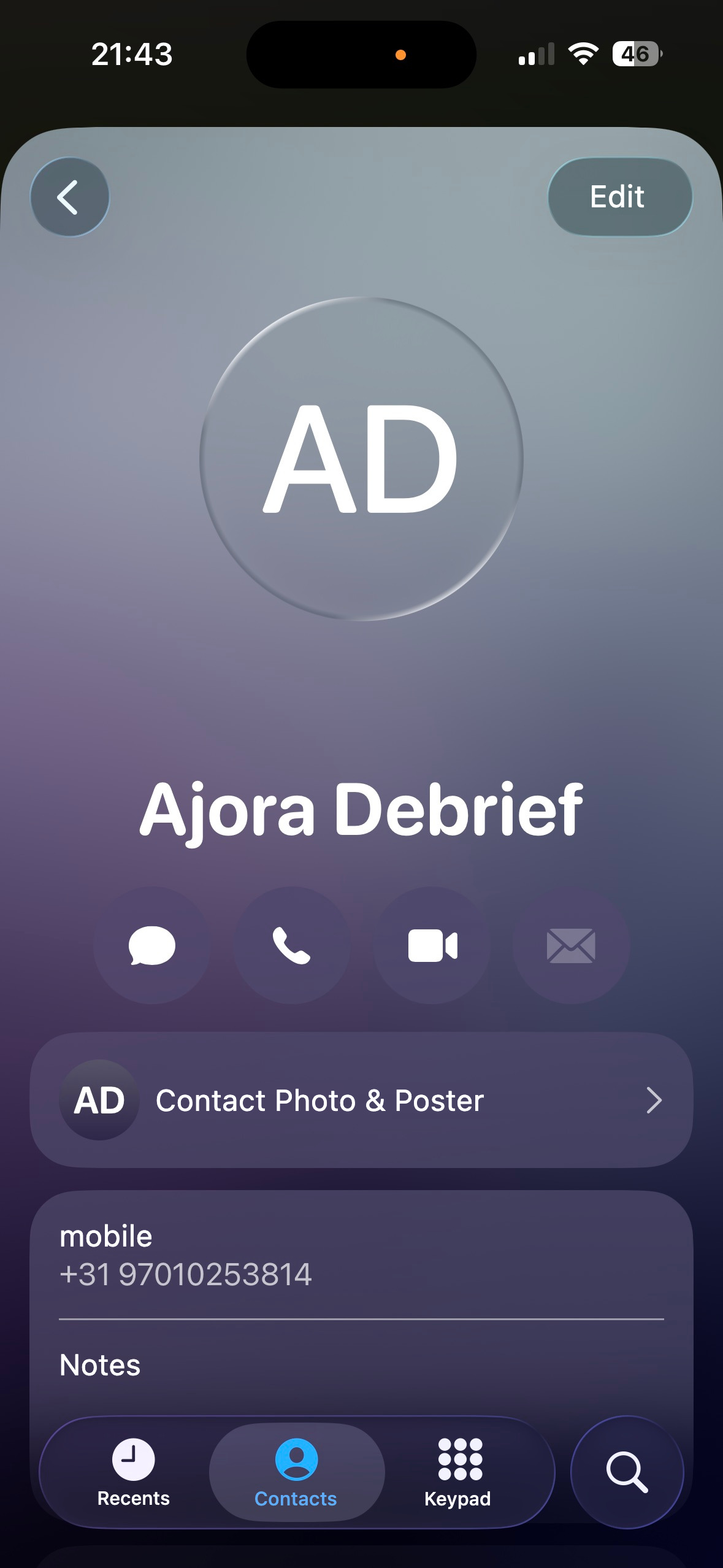 Contact card of Ajora with the call icon