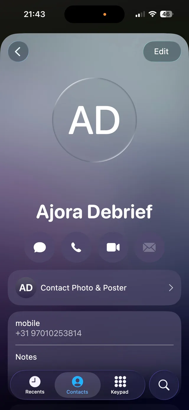 Contact card of Ajora with the call icon