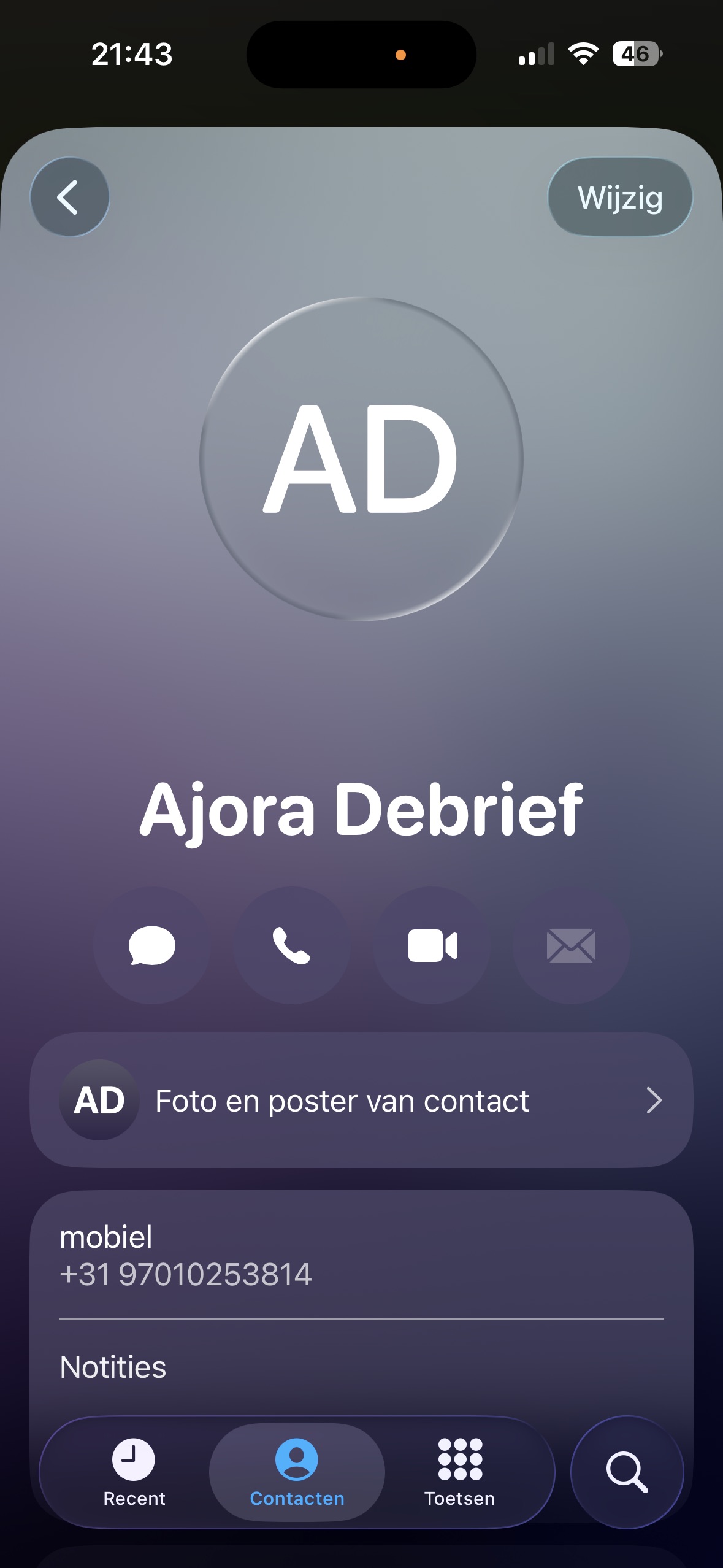 Contactkaart van Ajora met het bel-icoontje
