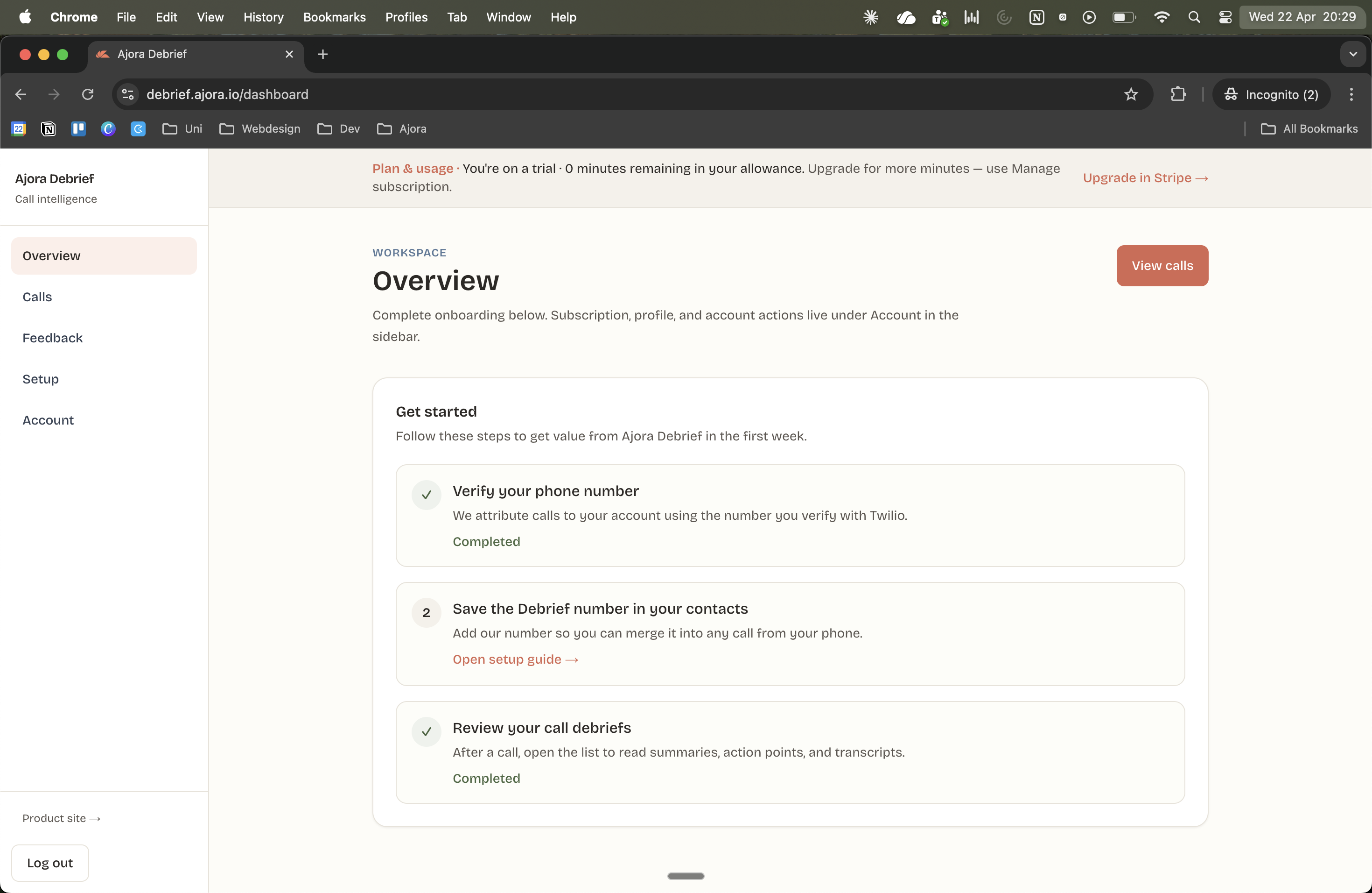 Dashboard with the first steps