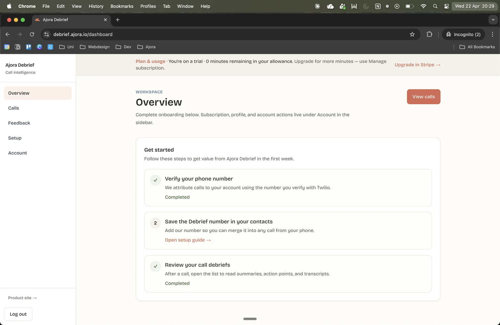 Dashboard met de eerste stappen