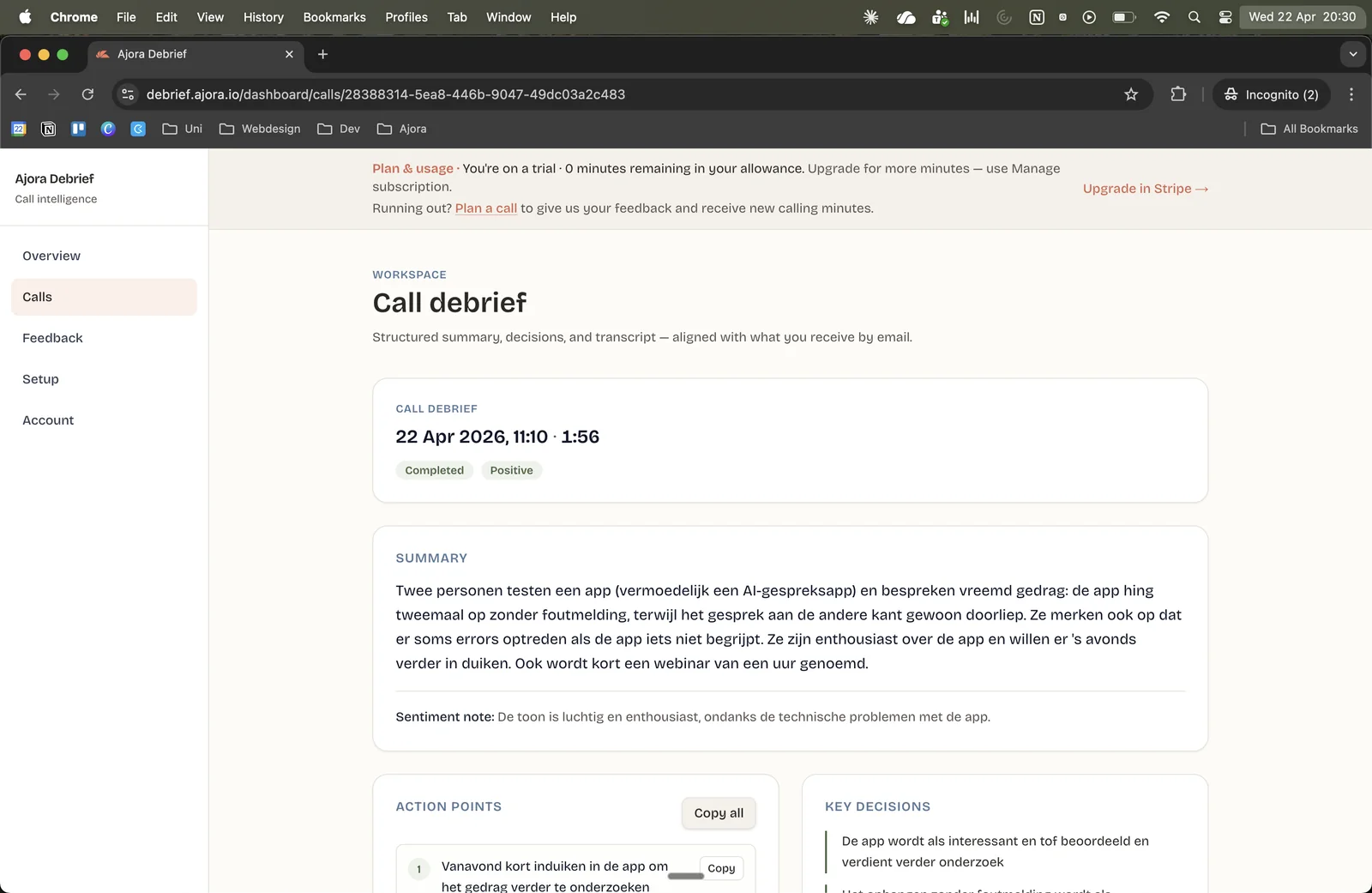 A debrief in the Ajora dashboard, with the summary, the action items and the decisions