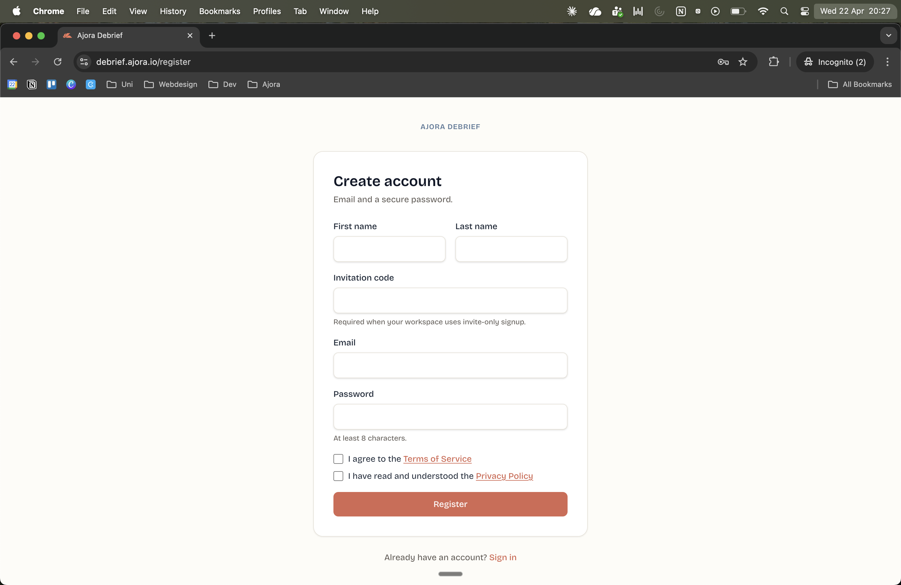 Registration page of Ajora
